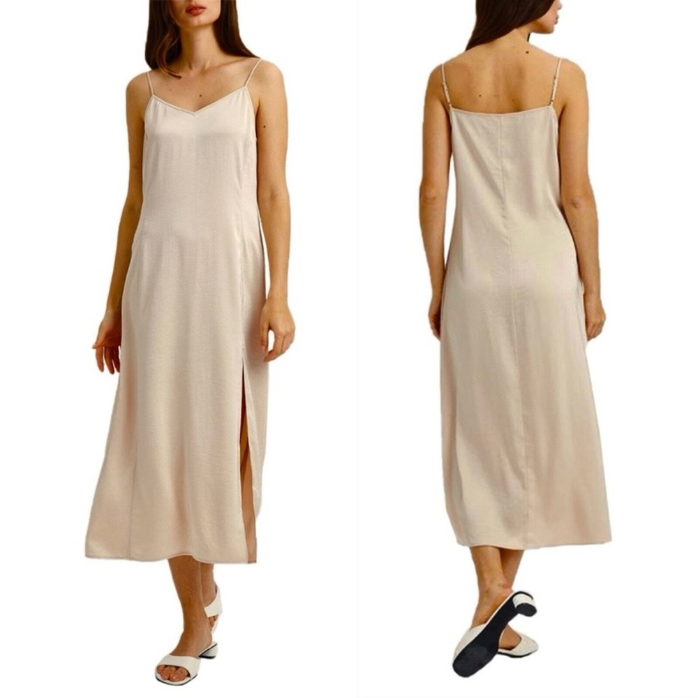 Nap Loungewear Elegant‎ Matte Satin Nude Spaghetti Strap Midi Slit Dress Size M